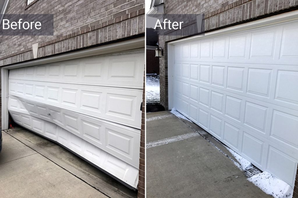 Before and after garage door panel replacement in Elgin