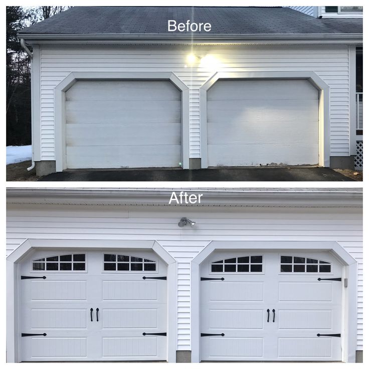 Before and after new carriage-style garage door installation